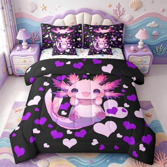 Manfei Ocean-Themed Axolotl 7-Piece Twin Bedding,Watercolor Animals Pattern Bedding Comforter Set,Colorful Stars Reversible