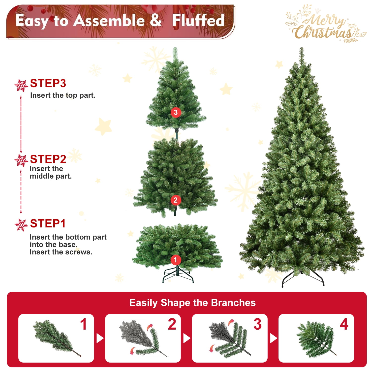 Euroco 7ft Pre-Lit PVC Christmas Tree with 400 UL Lights, 1072 Tips, Auto-Unfold Memory Wire, Easy Assembly with Stable Metal Stand – Full Artificial Holiday Tree