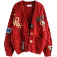 thumbnail image 1 of Cárdigan de punto trenzado de manga larga con frente abierto para mujer, cuello en V y botones, mezcla de lana, suéter para exteriores Rojo 2XL Rojo 2XL Xishao ropa, 1 of 2