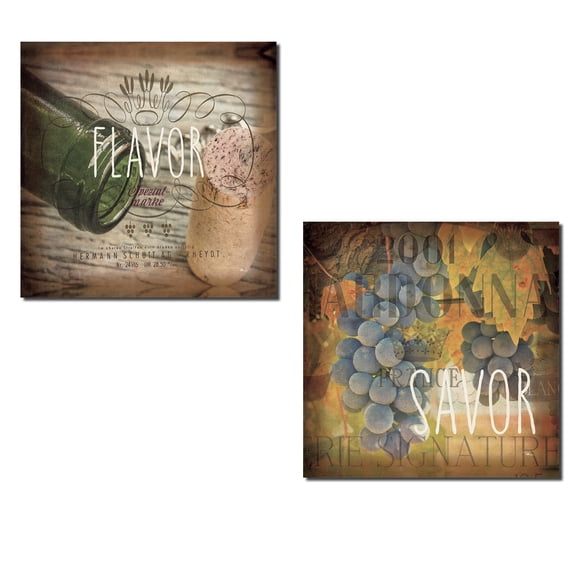 Vintage Wine Bottle, Cork and Grape 'Flavor' and 'Savor' Print Set by Pela Studio; Two 12x12in Poster Prints
