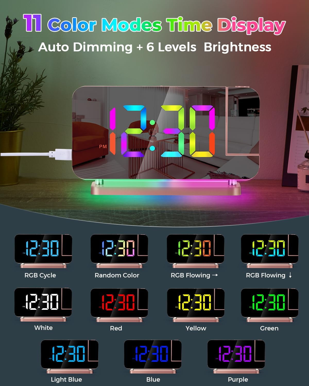 Wiher Projection Alarm Clock,7.4 in LED Mirror Digital Clocks Projection on Ceiling Wall,with RGB Night Light,USB C Charging Port,Auto Dimming,Modern Desk Clock for Bedroom Decor - Rose Gold