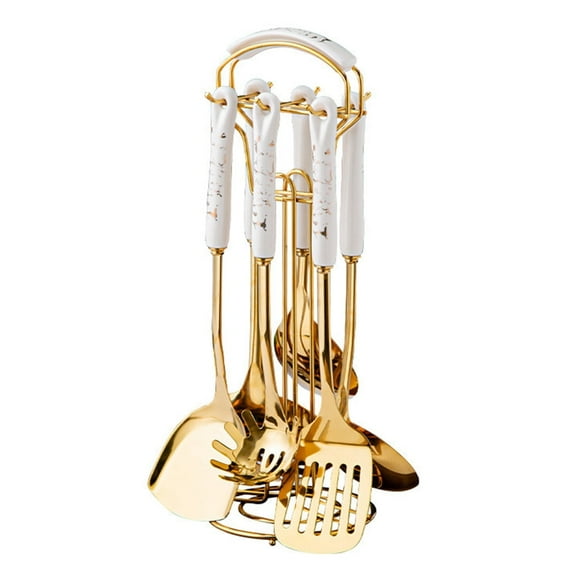 Nvzi 7-Piece Gold 304 Stainless Steel Cooking Utensil Set with White Ceramic Handles