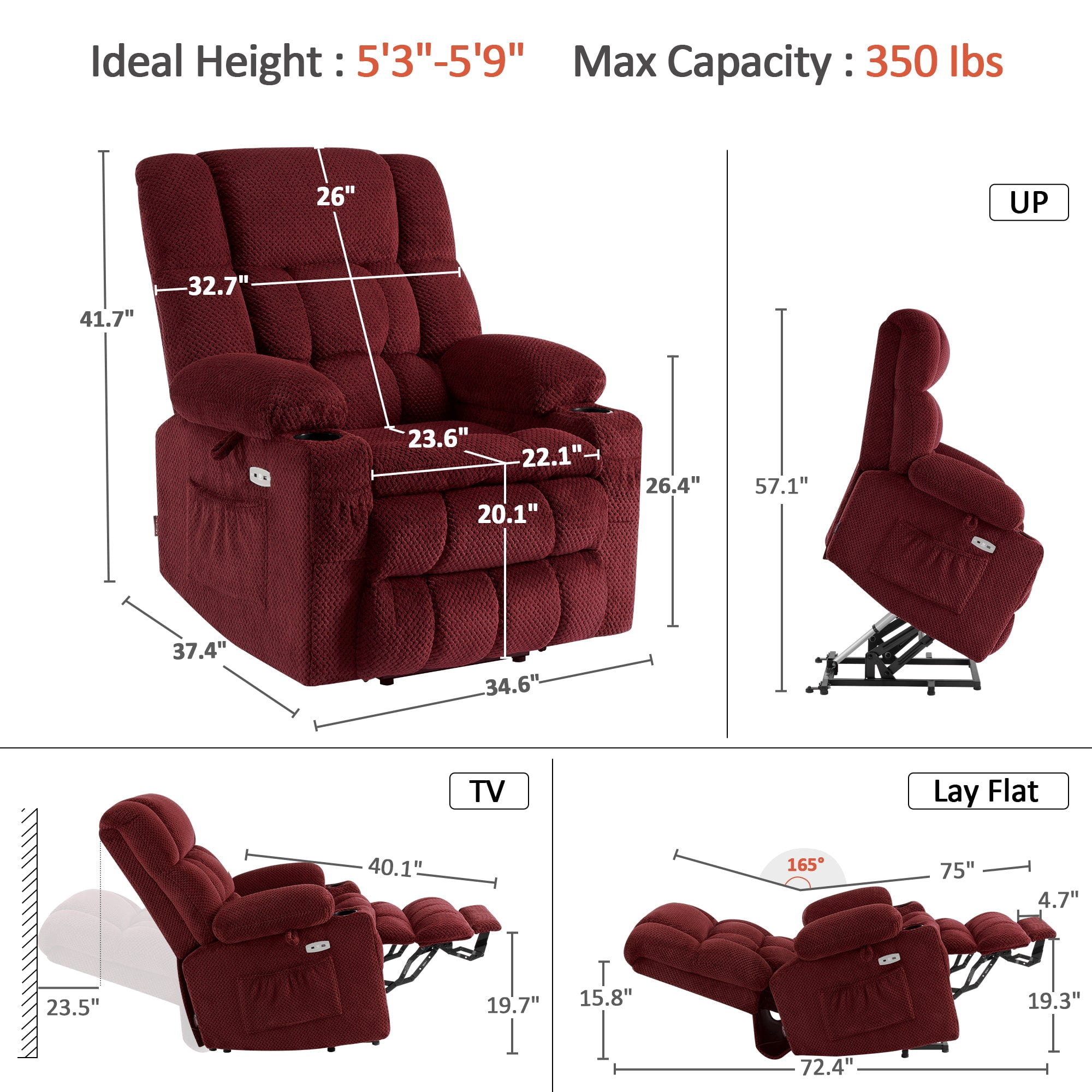 MCombo 22.4" Seat Width Lay Flat Dual Motor Power Recliner Lift Chair with Vibration and Heat, Infinite Position