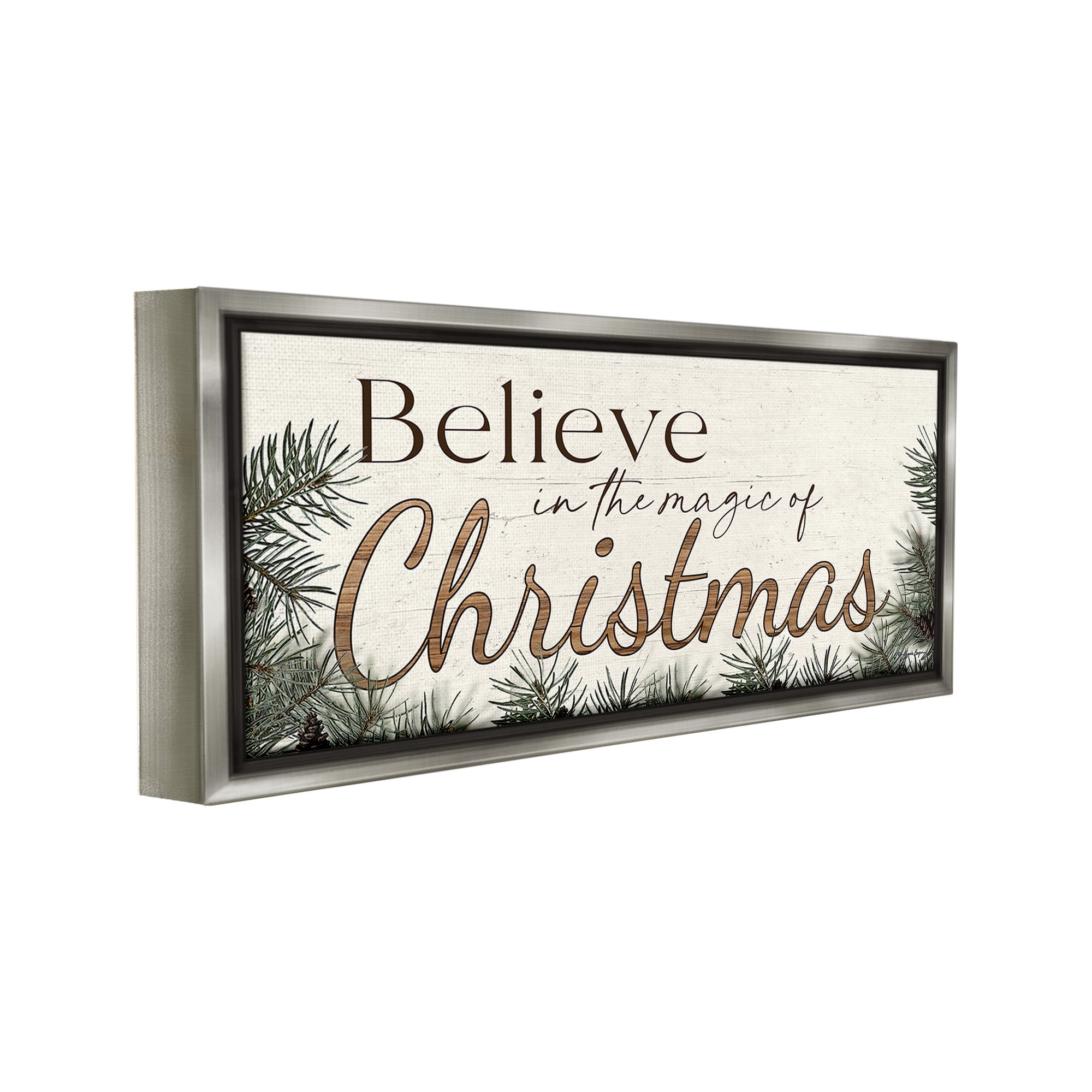 Stupell Industries Magic Of Christmas Phrase Holiday Painting Gray Floater Framed Canvas Art Print Wall Art, 31 x 14
