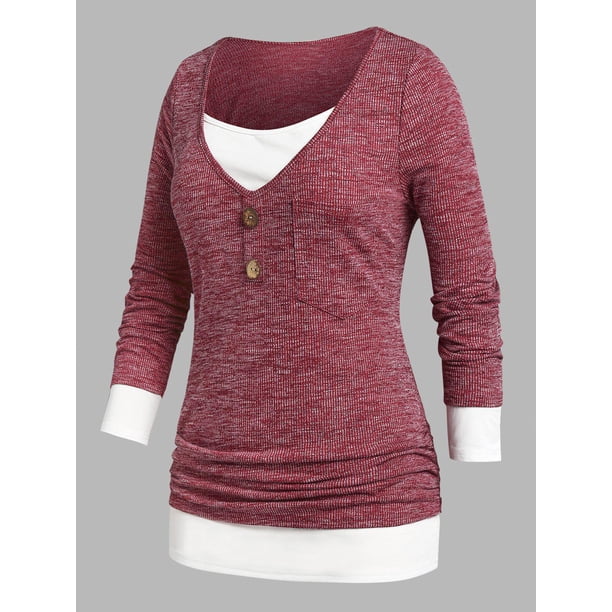 Camiseta Acanalada Tamaño Plus Rosegal Mangas largas de talla grande