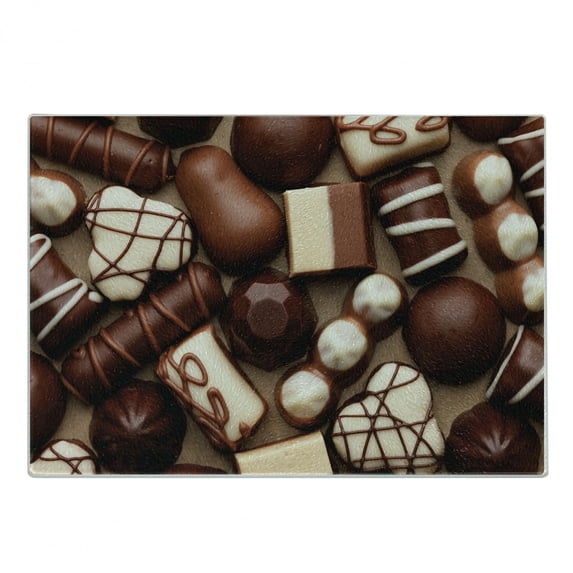 Chocolate Cutting Board, Chocolate Candy Sweets Truffles Gourmet Delicious Dessert Close-up Photo, Decorative Tempered Glass Cutting and Serving Board, in 3 Sizes, by Ambesonne