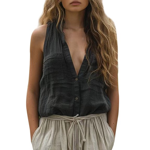 Womens Tops Spring Casual Loose Sleeveless Cotton Linen Solid Color V Neck Pocket Vest Shirt Strap Breathable Comfy Daily Wear L Size Tank Tops for Women