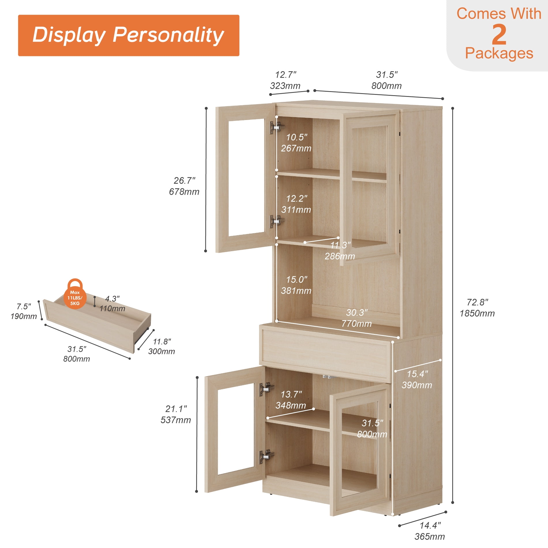 Modern 72"Tall Sideboard, Wood Buffet Display Cabinet with Glass Doors, Drawers and Adjustable Shelves, Multi-Layer Storage Console for Dining Room,Living Room,Entryway,Beige