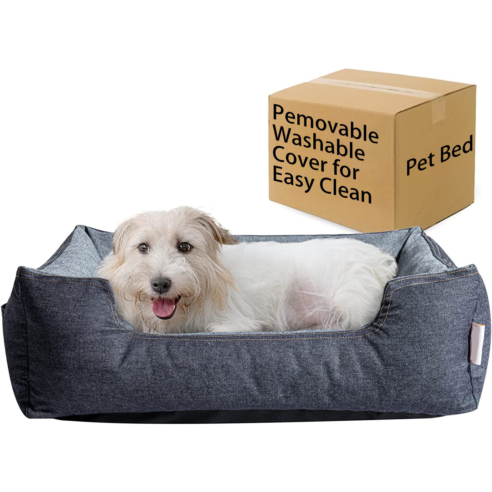 Denim Dog Bed with Sides Washable Soft Bed with Removable Cover