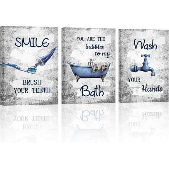 Vintage Bathroom Wall Art Blue Wash Hands Brush Your Teeth Sign Wall Decor Canvas Stretched and Framed for Washroom Toilet Home Decorations 12"x16"x3