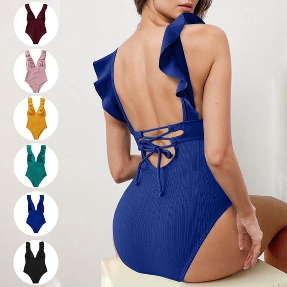 Odbmxy Beach One Piece Swimsuits for Women Plus Size Summer Bathing Suit for Women Ruffle Blue Solid Color Bikinis