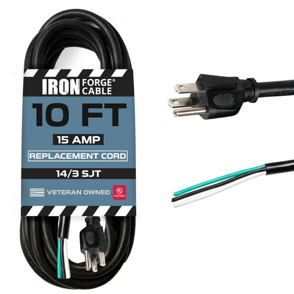 Iron Forge Cable 14 AWG Replacement Power Cord with Open End - 10 Ft Black Extension Cable, 14/3 SJT, NEMA 5-15P