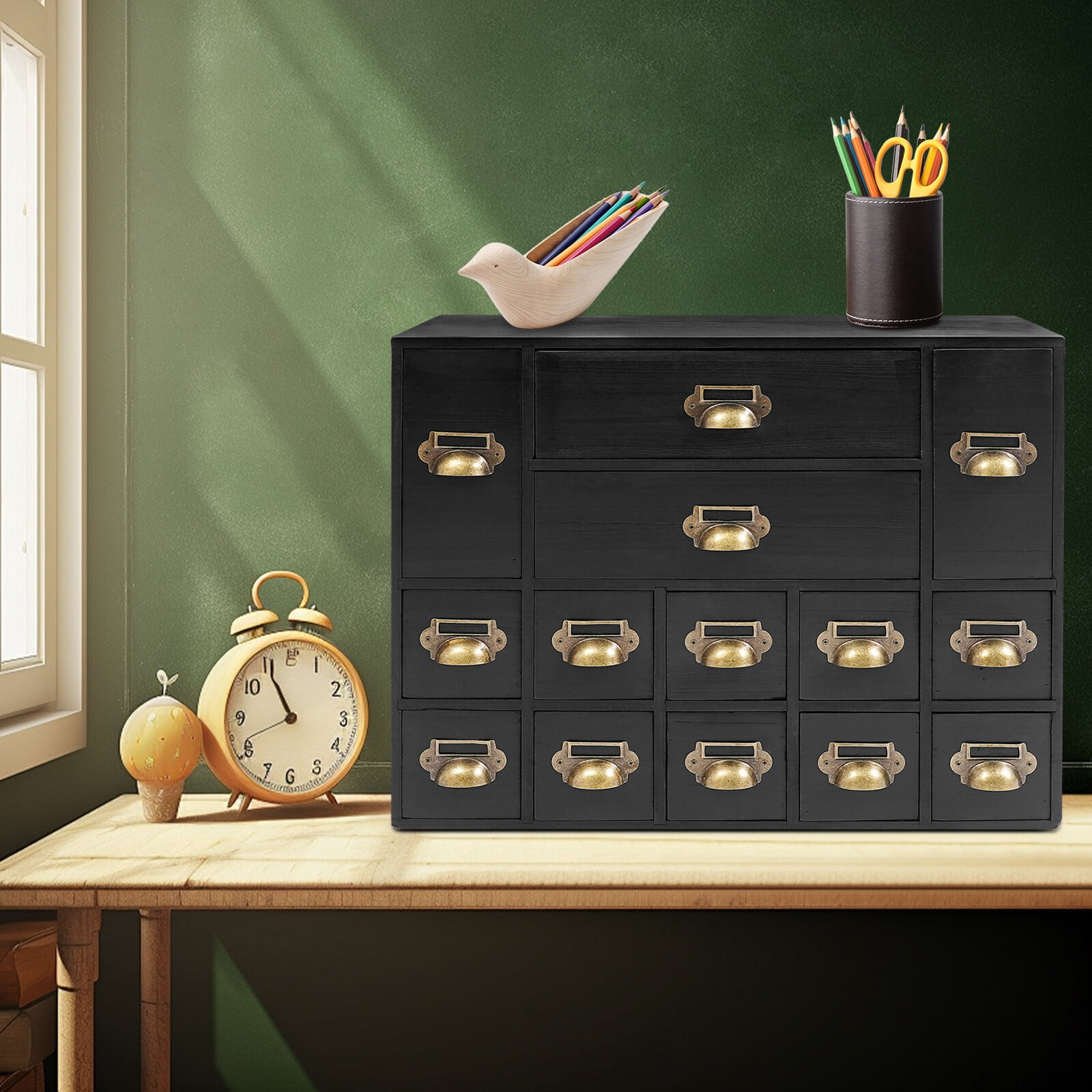 Black Vintage Storage Cabinet Wooden Organizer w/ 14 Drawers FreeStanding For Various Small Crafts, A Kitchen Organizer
