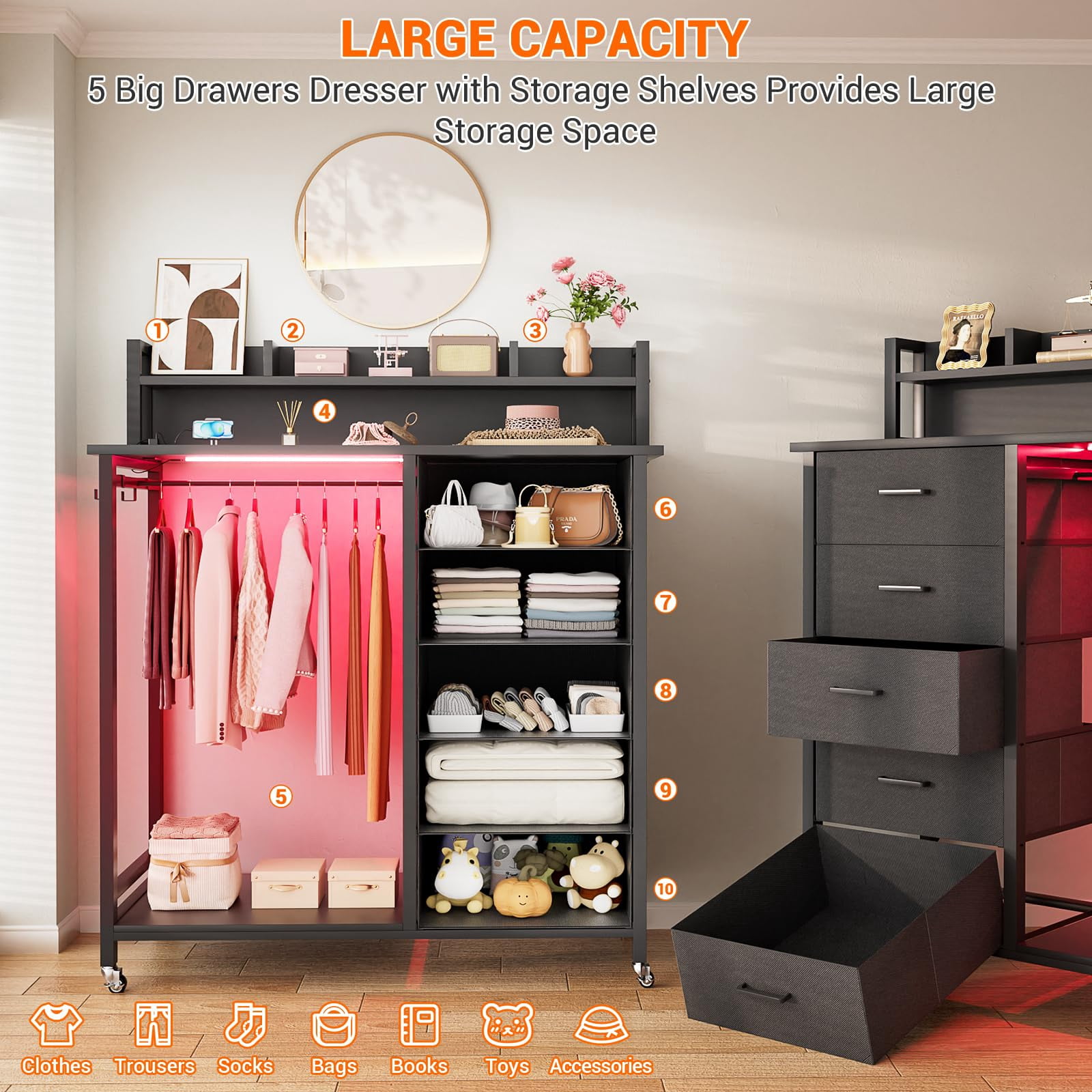 Aheaplus Dresser for Bedroom with Clothes Rack & Shelves, 5 Drawers Dresser with Charging Station & LED Lights, Chest of Drawers with Lockable Wheels, Storage Shelves, Bedroom, Entryway,Black