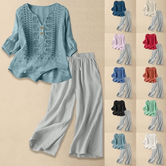 Women's Casual Solid Color Cotton Linen Embroidered Pants Suit Set