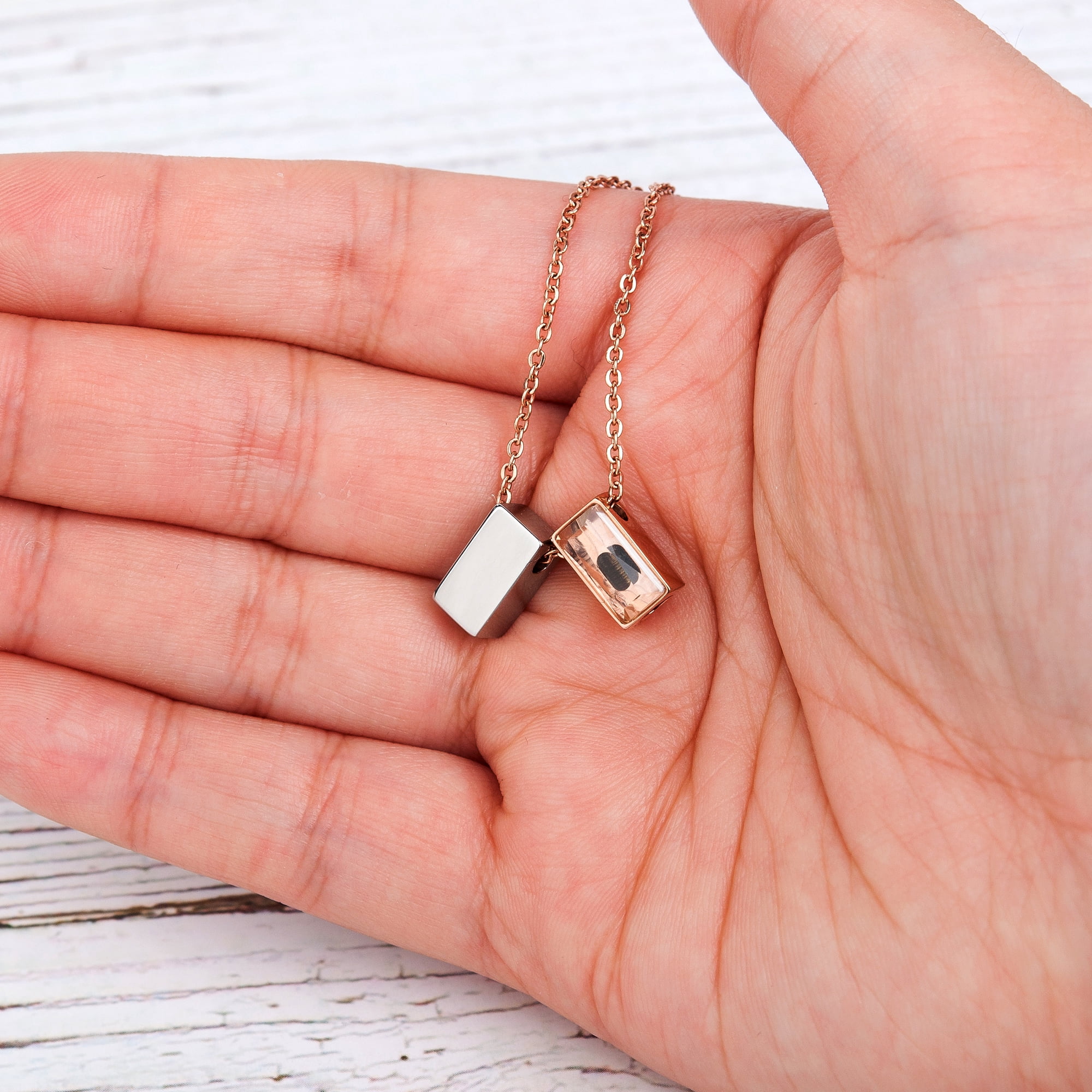 Anavia See You Cremation Necklace for Ashes, Mini See Through Urn Necklace, Mini Cube Cremation Pendant, Cremation Jewelry, Memorial Jewelry, Mini Urn-[Silver & Rose Gold]