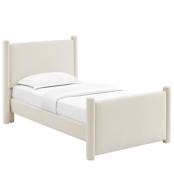 Platform Bed Frame, Twin, Ivory White, Velvet, Hotel Bedroom, Modern Contemporary, HB38137