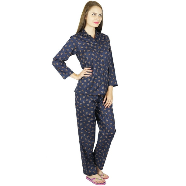 Bimba Blue Cotton Night Heart Print Pajama Set Long Sleeve Shirt with Pyjamas