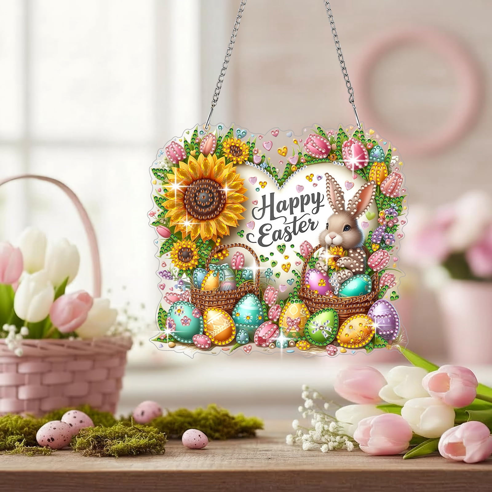 FLOPESN DIY Easter Diamond Art Painting Pendant Kit - 7.08X7.87in Acrylic Single-sided Rhinestone Dotting Pendant Wall Decor-Heart
