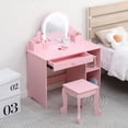 thumbnail image 3 of Tocador infantil de madera 2 en 1 con espejo LED regulable y taburete – Mesa de maquillaje y escritorio para niñas de 3 a 9 años – Cajón, estantes abiertos y accesorios, 3 of 6
