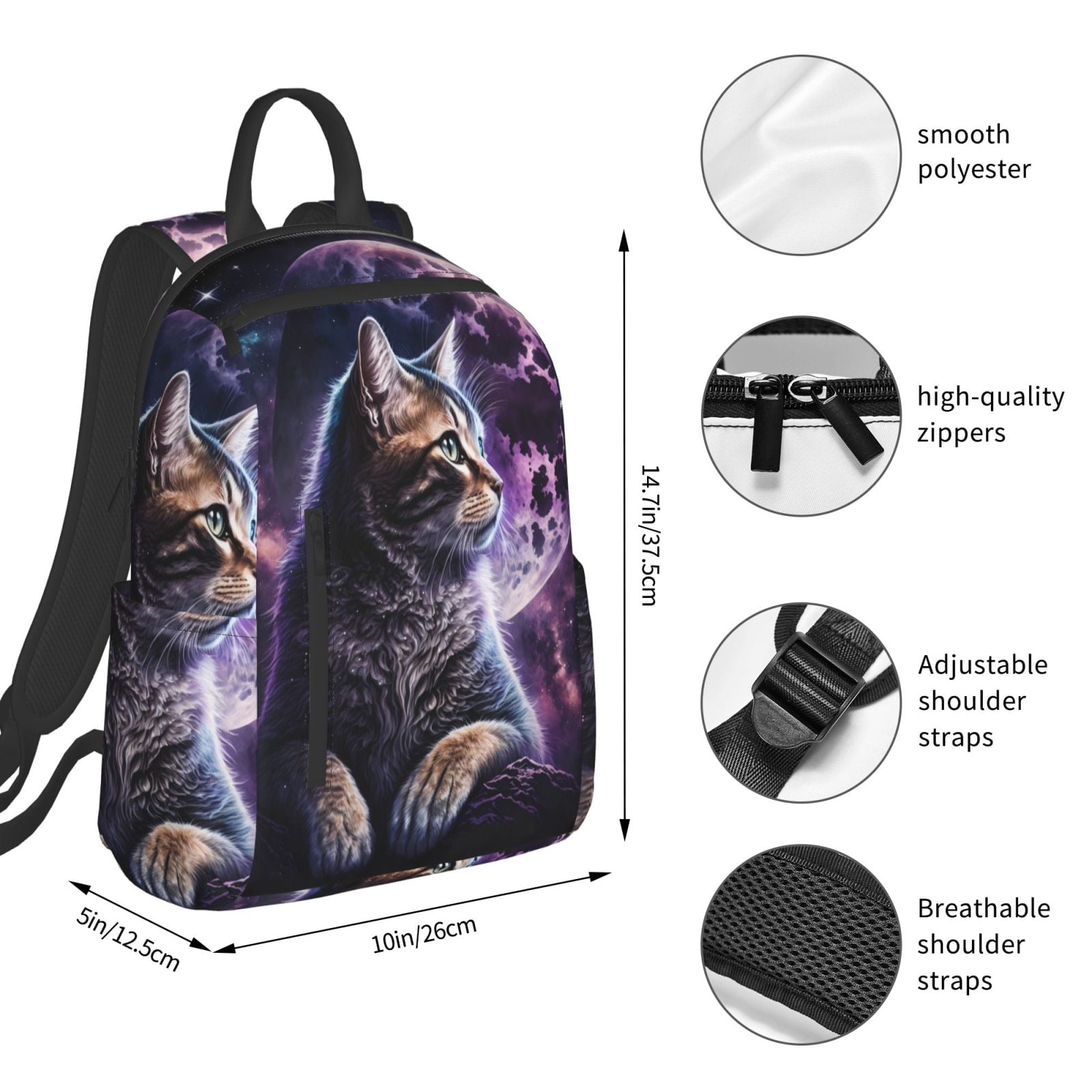 Hirioo Purple Moon Cat for Lightweight Backpack, Durable and Comfortable, Ideal for Travel, School, Hiking, and Everyday Use