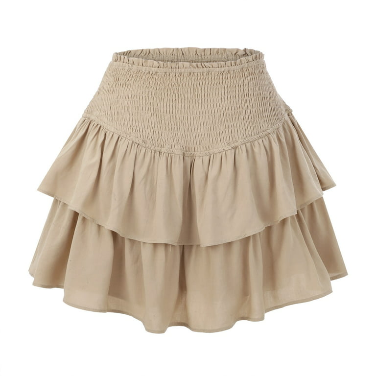 Swim Skirt Bottoms for Women Women's Solid Shirred High Waist Layered  Ruffle Hem Flared Mini Skirt Trouser Spanking Skirts