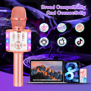 Bonaok Bluetooth Wireless Karaoke Microphone, Portable Handheld Karaoke Machine with LED Lights, Bluetooth Microphone Speaker Singing Gift for Kids Adults(Rose Gold)