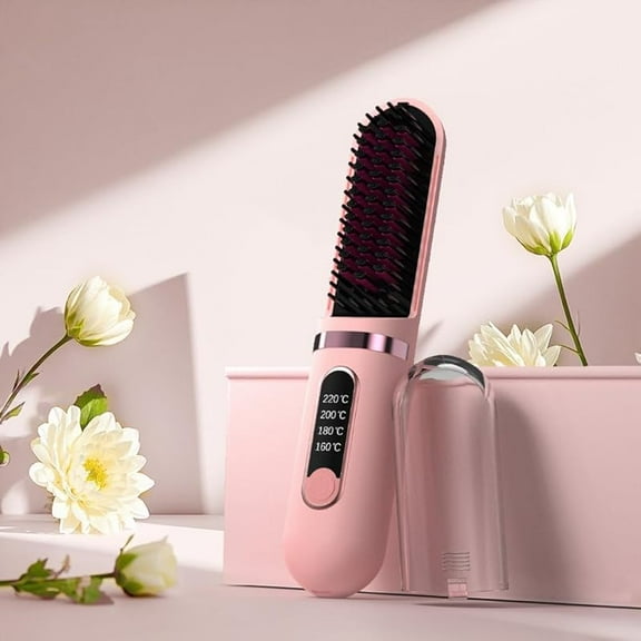 Cordless Hair Straightener Brush, Portable Straightening Brush for Women, Mini Negative Ion Hot Comb for Travel, 30Mins Auto-Off, USB Rechargeable, Fast Heating 4 Temperature Settings (Pink)