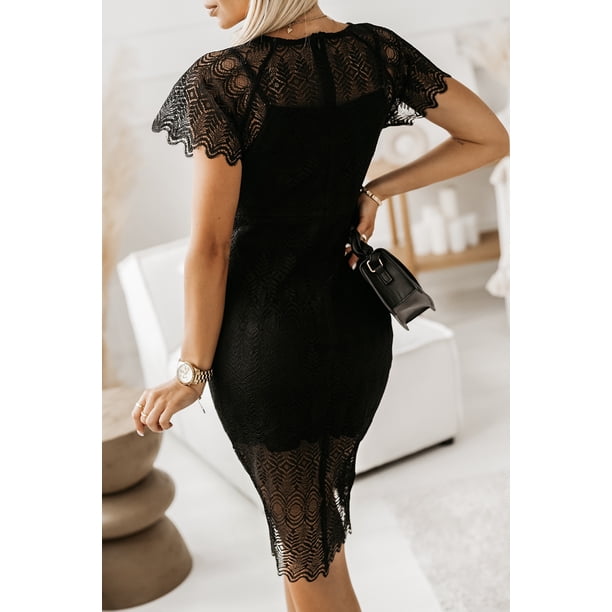 ABPHQTO Vestido Midi De Mujer Negro Con Cremallera De Ganchillo De Encaje De Color Sólido