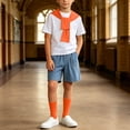thumbnail image 2 of Boys 4 Pieces Back To School Outfit Round Neck Solid Short Sleeve Tee and Pockets Denim Shorts and Shawl and Knee High Socks Performance Outfits Casual Clothes Set 3-16 Years, 2 of 9