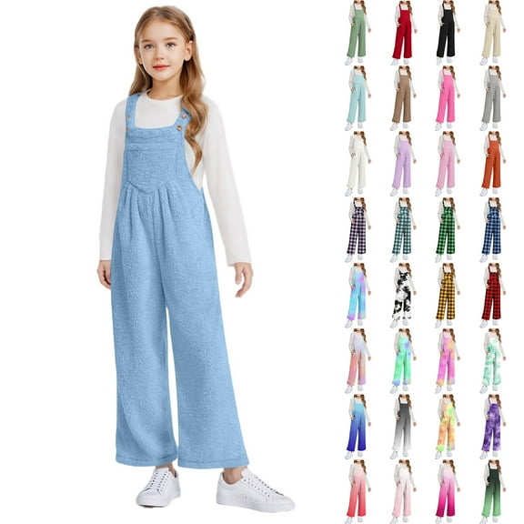 AJTQTH Fashion Girls Fleece Overalls Kids Winter Loose Casual Solid Color/Plaid/Tie Dye/Gradient Color Print Spaghetti Strap Wide Leg Winter Fuzzy Thick Warm Jumpsuit Rompers with Pockets 7-8 Years