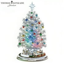 The Bradford Exchange Thomas Kinkade Silver Blessings Christmas Tree Handcrafted Tabletop Decor Color Changing Lights 30 Ornaments And a Holiday Village Encircled By Moving Train Plays 8 Carols 17"-in