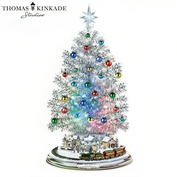 The Bradford Exchange Thomas Kinkade Silver Blessings Christmas Tree Handcrafted Tabletop Decor Color Changing Lights 30 Ornaments And a Holiday Village Encircled By Moving Train Plays 8 Carols 17"-in