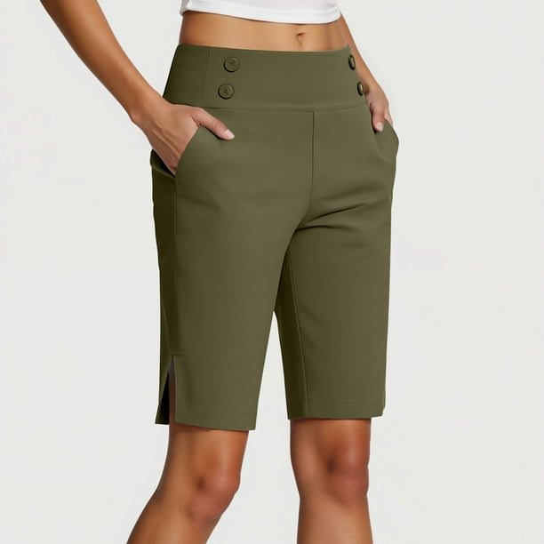 MKLEKYY Leggings Capris para mujer, pantalones de yoga elásticos de verano hasta la rodilla para entrenamiento, pantalones casuales con cintura elástica y bolsillos
