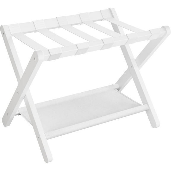 Luggage Rack, Folding Suitcase Stand with Storage Shelf, for Guest Room, Hotel, Bedroom, Heavy-Duty, Holds up to 131 lb, Classic White