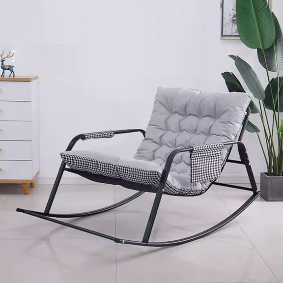 SUZUZI Large Padded Rocking Chair, Oversized Patio Metal Lounge Rocker with Cushion, 450lbs Comfy Glider Chairs with Footrest and Side Pocket, Grey
