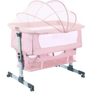 Lamberia 3 in 1 Bassinet for Baby, Easy Folding Sleeper with Mattress Included, Height Adjustable Bedside Travel Crib for Newborn Infant/Baby Boy/Baby Girl (Pink)