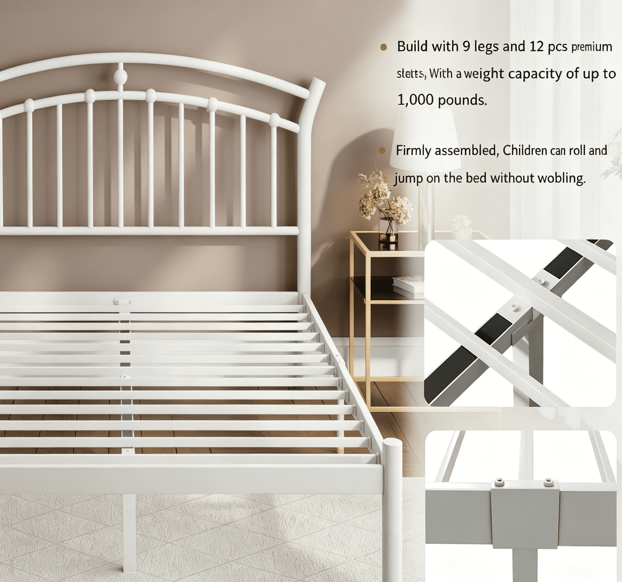 Laisnet Queen Size Bed Frame with Headboard & Footboard, Noise-Free & Under-Bed Storage, Vintage Victorian Metal Platform, White