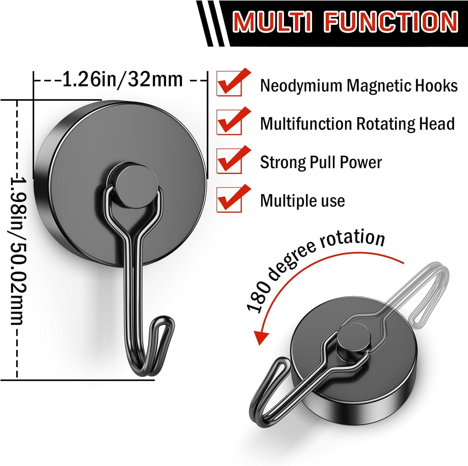 JJEAN-100lbs+ Magnetic Hooks Heavy Duty, Extra Strong Magnetic Hooks for Cruise Cabins, Large Magnet Hooks for Refrigerator, Magnetic Hanger for Garage, Kitchen, Garden, Locker Accessories, 6 Pack