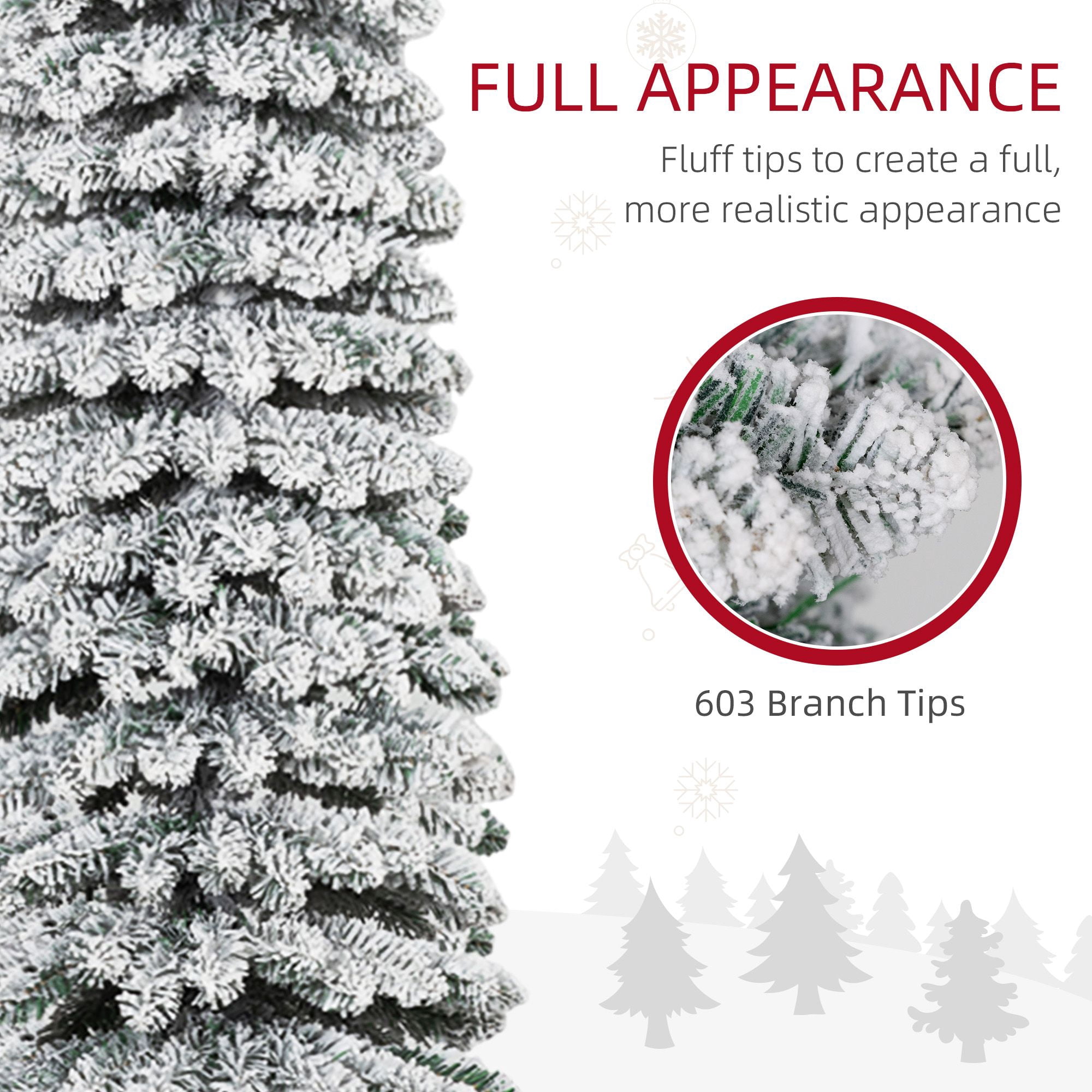 8 ft Unlit Slim Pencil Artificial Christmas Tree, Snow Flocked with 603 Tips, Flame-Retardant, Indoor Holiday Decor for Small Spaces