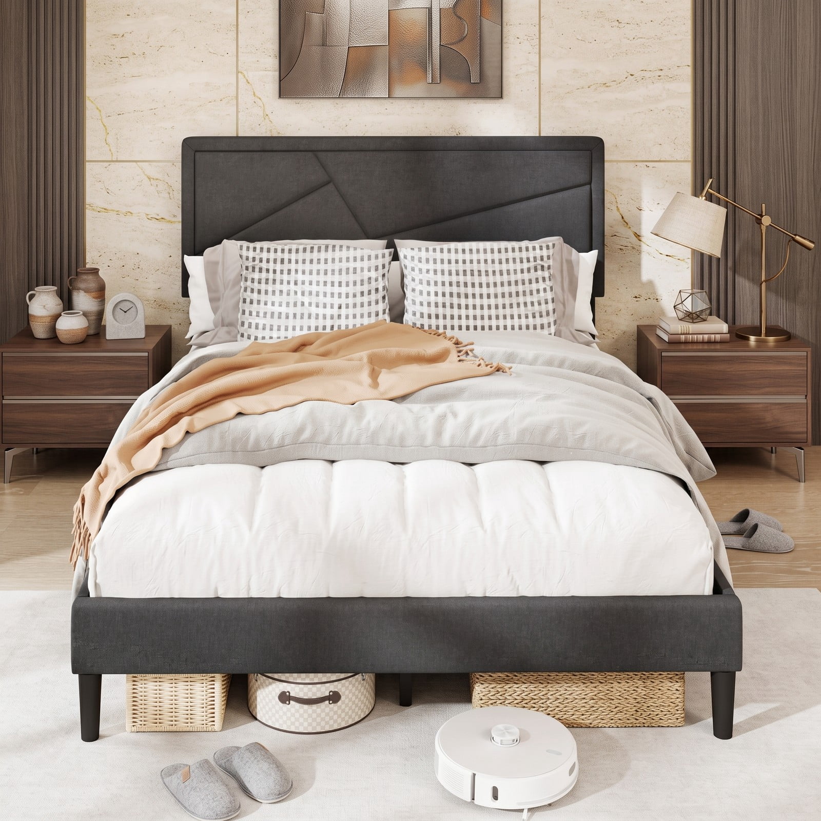 Furnibear Queen Size Bed Frame Upholstered Platform Bed Frame with High Headboard and 12 Plywood Slats for Modern Bedroom, Dark Gray