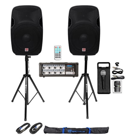2) Rockville SPGN158 15  1600W DJ PA Speakers+Powered Bluetooth Mixer+Stands+Mic price history on PriceWatchPro