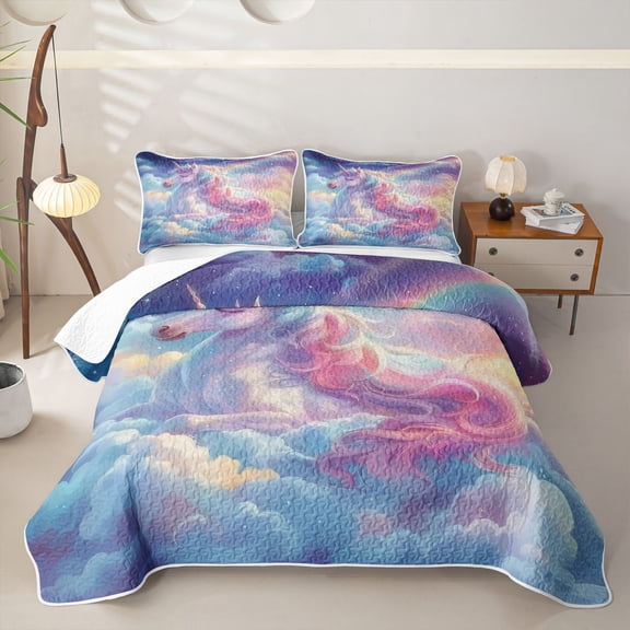 Metsweet Dreamy Princess Unicorn Twin Quilt Set, Watercolor Rainbow Twin Coverlet Set, Blue Pink