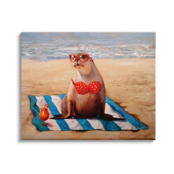 Stupell Industries Polka Dot Bikini Sea Lion Tropical Drink Beach Scene, 30 x 24, Design by Lucia Heffernan