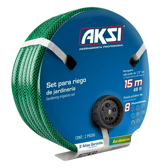 Set Riego 15m Aksi Pistola Plástica 1/2 Pulg 8 Funciones