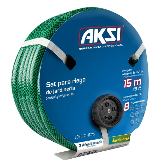 Set Riego 15m Aksi Pistola Plástica 1/2 Pulg 8 Funciones