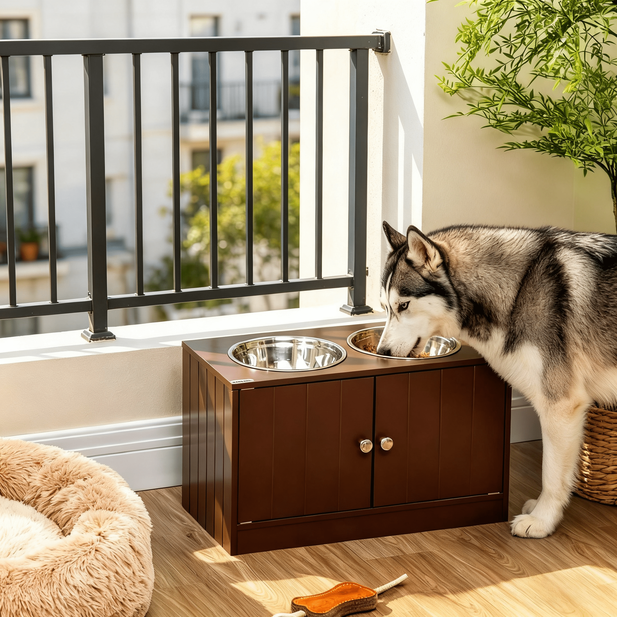 Elevated Dog Bowls with Storage Cabinet, Raised Pet Feeder Stand with Magnetic Doors, Dishwasher-Safe Stainless Steel Bowls for Large Dogs
