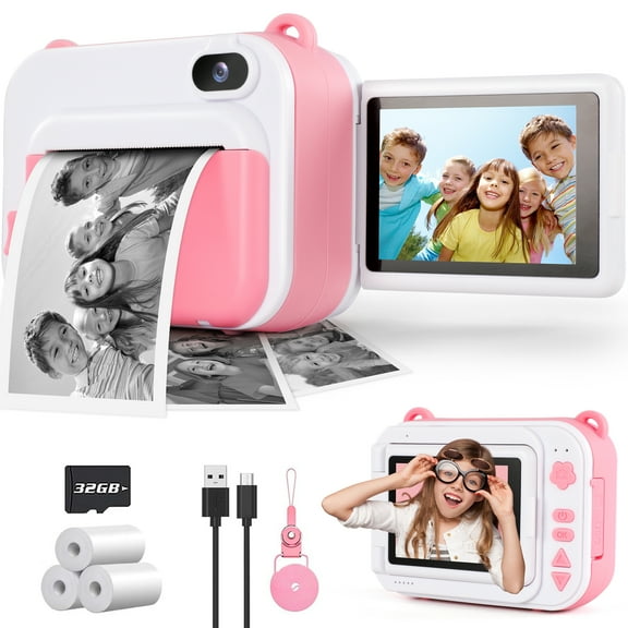Aikidkit Kids Camera Instant Print with 2.4in Flip Screen and 32GB SD Card, Toy Camera for Girls Boys 3-12 Years Best Birthday Gifts, Pink
