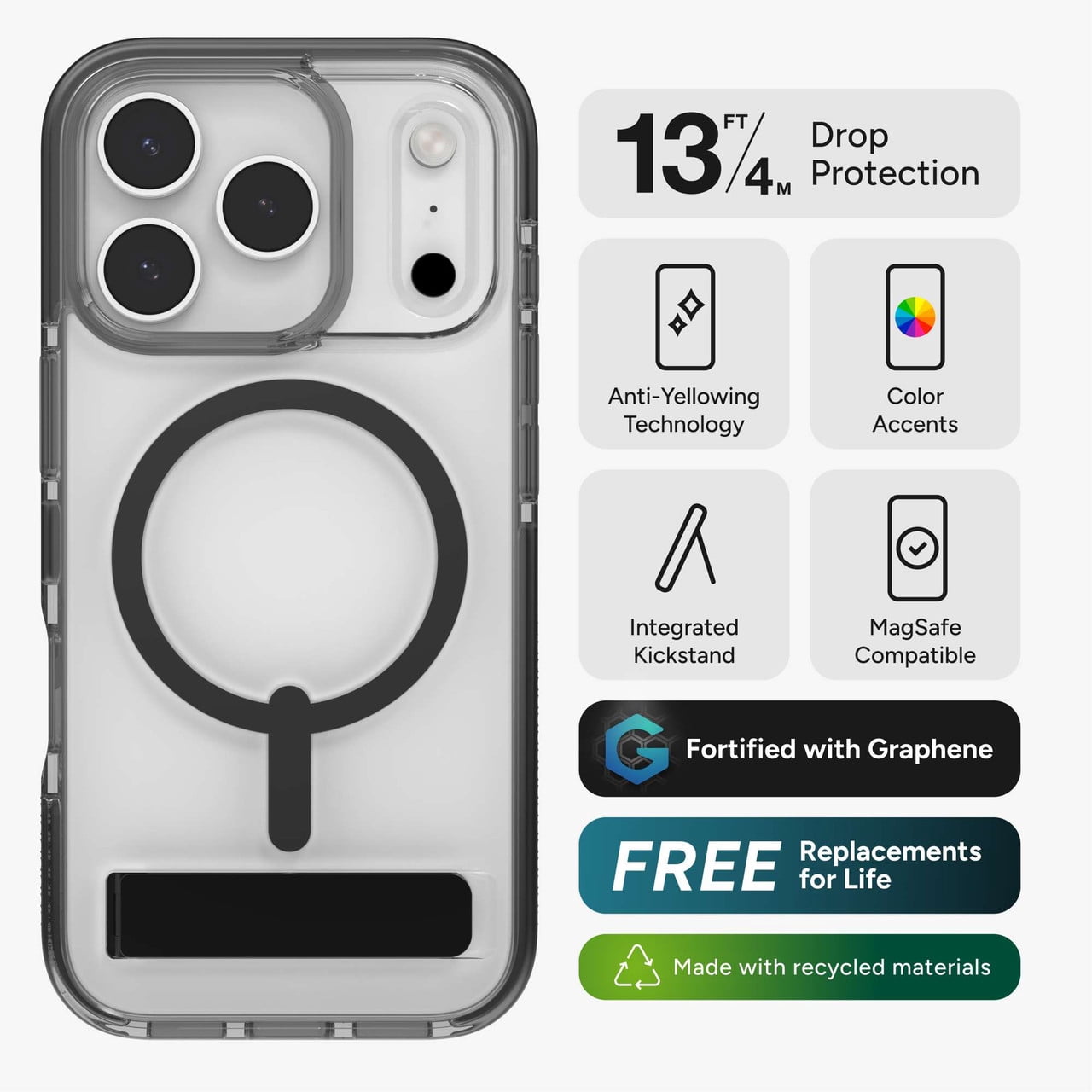 ZAGG Santa Cruz Snap Case with Kickstand for iPhone 17 Pro - Titanium Drop Protection (13ft/4m) MagSafe Charging Compatible ClearGuard Anti-Yellowing Technology Scratch Resistant Phone Case