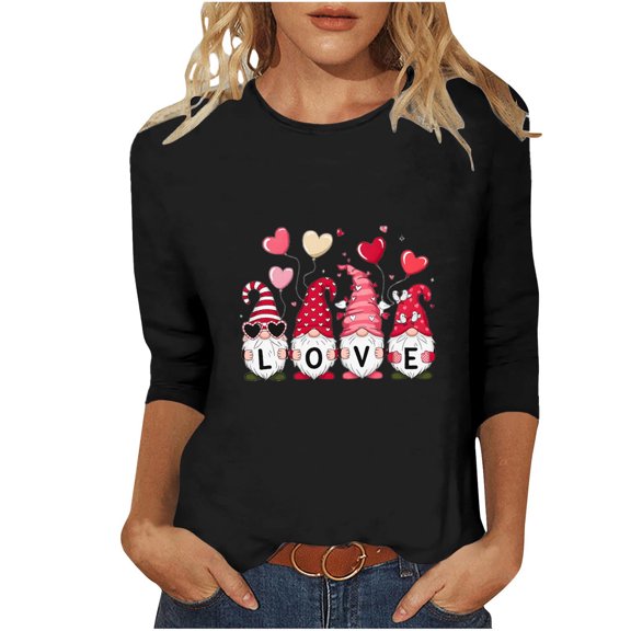 Yteetum Valentine's Day 3/4 Sleeve Tops for Women Oversized Crewneck Valentines Graphic Print Short Sleeve T Shirt Womens Casual Solid Round Neck Loose Comfy Three Quarter Sleeve Shirt Spring Clothes